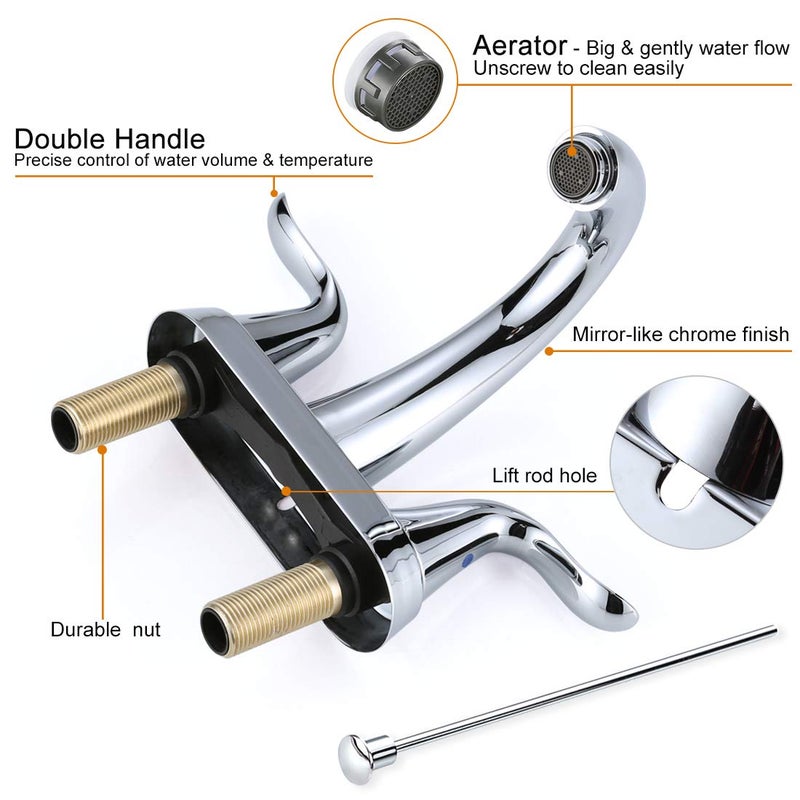 WOWOW Bathroom Faucet 2 Handle 4 Inch Centerset Bathroom Sink Faucet Lead-Free Basin Mixer Tap Lift Rod Drain Stopper, Two-Handle Center-Set Lavatory Faucet Chrome - Image 3